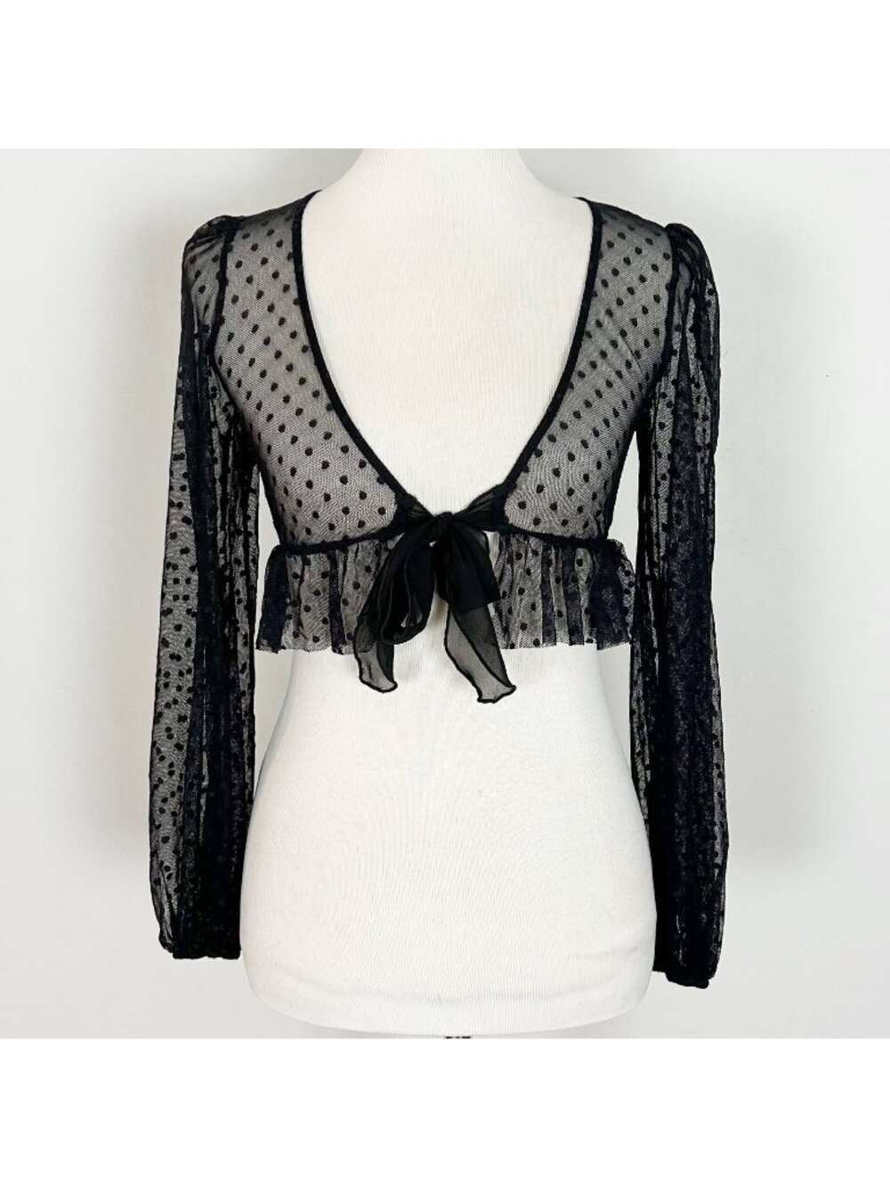 Y2K Only Hearts Black Sheer Mesh Polka Dot Top Tie Front XS Women's